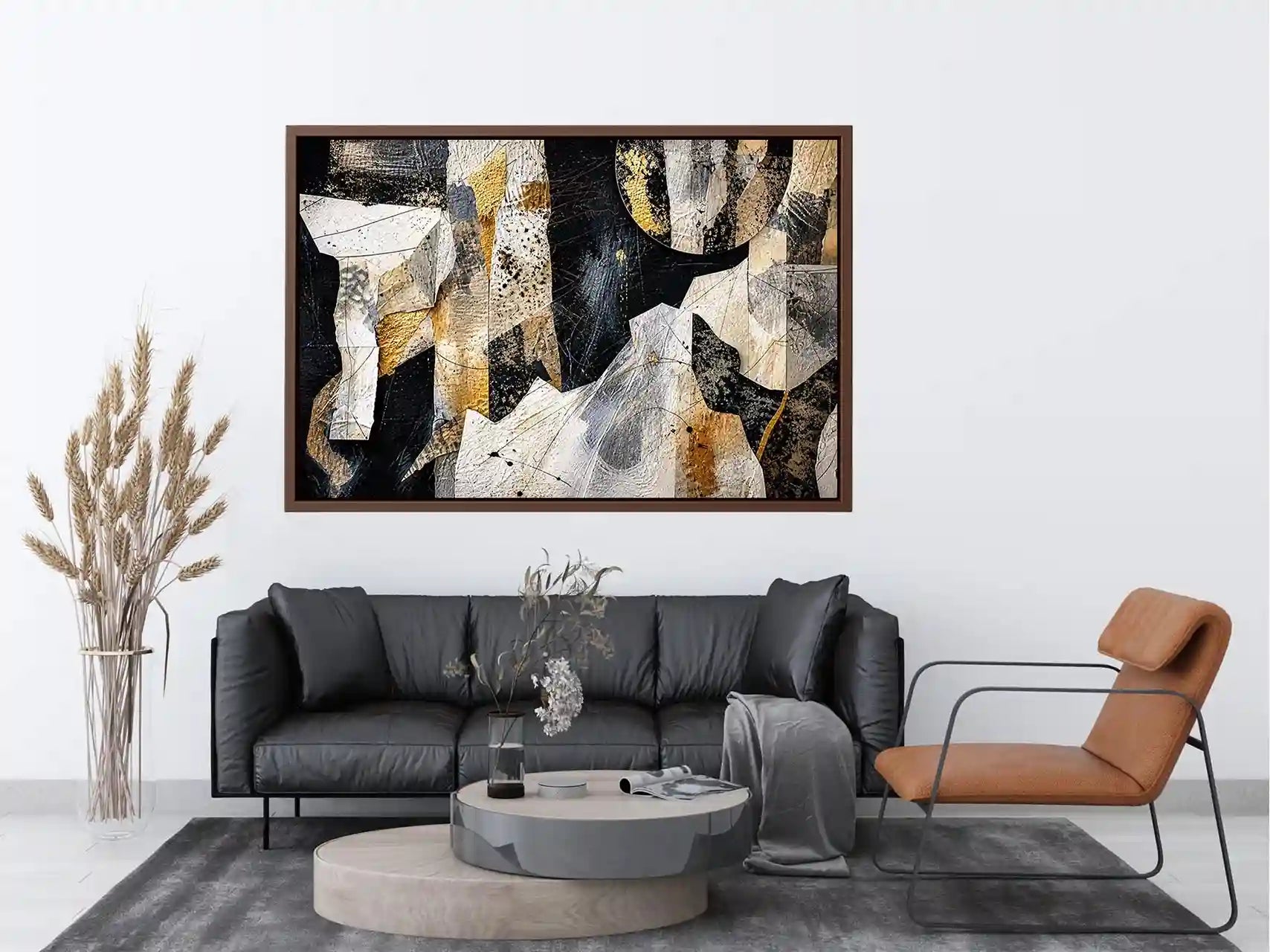 Abstract collage with textured gold accents