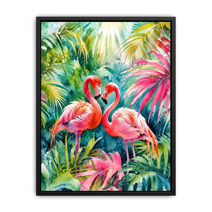 Tropical flamingos in watercolor paradise
