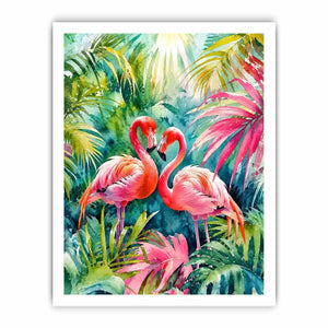 Tropical flamingos in watercolor paradise