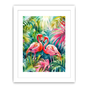 Tropical flamingos in watercolor paradise