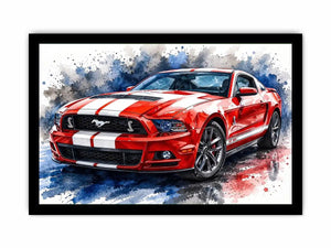 Bold red Mustang in watercolor splashes