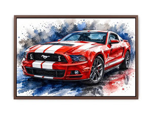 Bold red Mustang in watercolor splashes