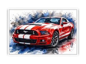 Bold red Mustang in watercolor splashes