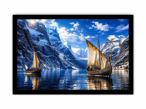 Viking longships in a fjord landscape