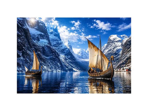 Viking longships in a fjord landscape