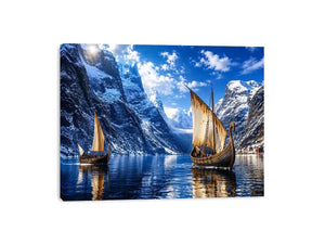 Viking longships in a fjord landscape