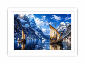 Viking longships in a fjord landscape