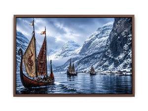Viking longships in a snowy fjord