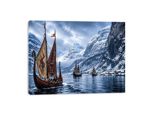 Viking longships in a snowy fjord