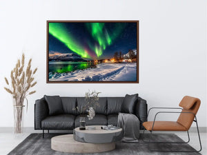 Northern lights over a winter village