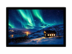 Aurora over a cozy cabin retreat
