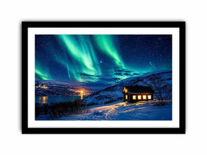 Aurora over a cozy cabin retreat