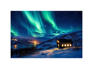 Aurora over a cozy cabin retreat