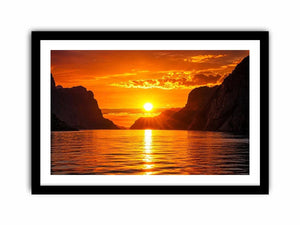 Golden sunset over fjord cliffs
