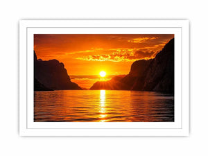 Golden sunset over fjord cliffs