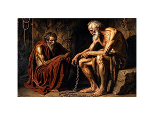 Elderly figures in a dim cavern