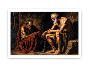 Elderly figures in a dim cavern