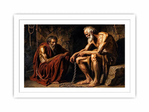 Elderly figures in a dim cavern