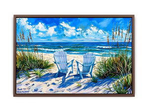 Serene beach scene with Adirondack chairs