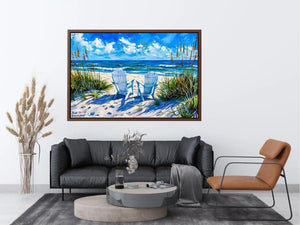 Serene beach scene with Adirondack chairs