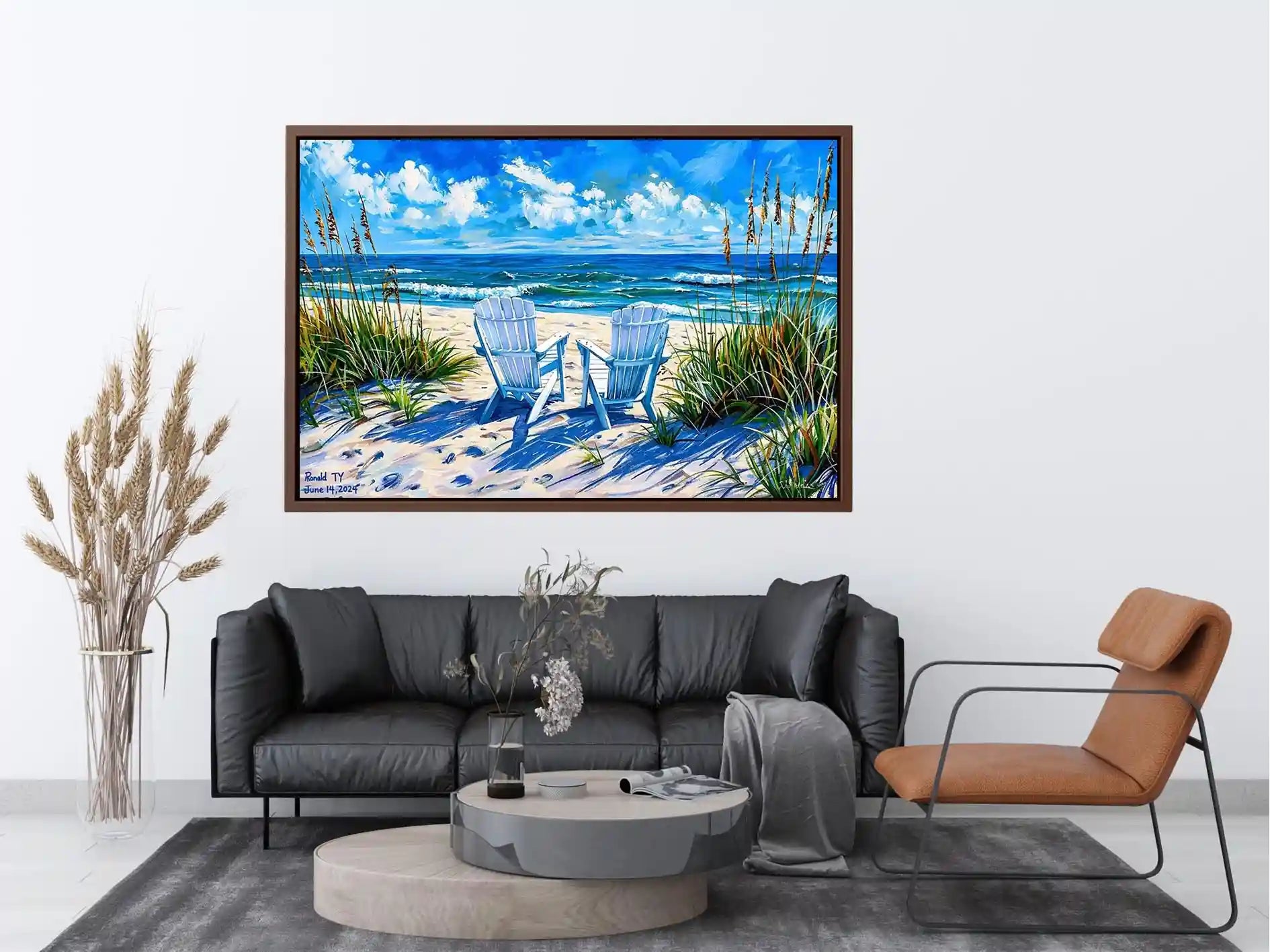 Serene beach scene with Adirondack chairs