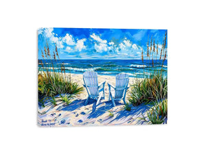 Serene beach scene with Adirondack chairs