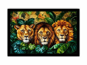 Majestic lions in lush jungle foliage