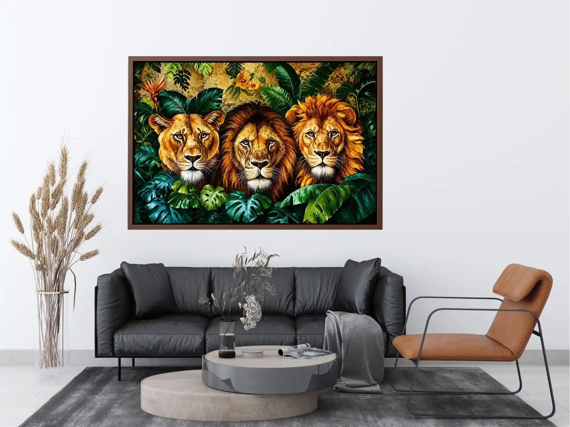 Majestic lions in lush jungle foliage