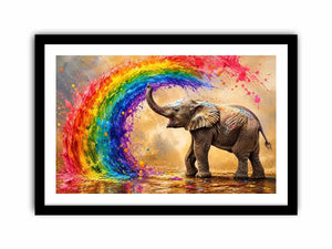 Colorful elephant under a vibrant rainbow