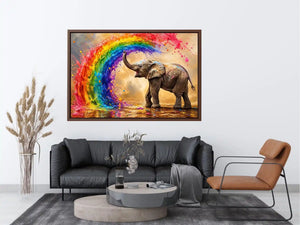 Colorful elephant under a vibrant rainbow