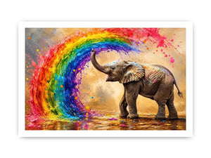 Colorful elephant under a vibrant rainbow