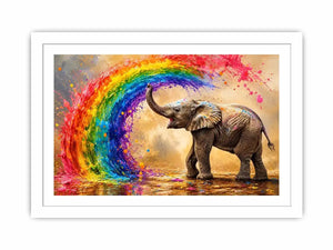Colorful elephant under a vibrant rainbow