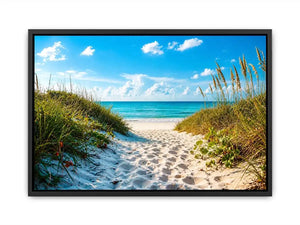 Sunny beach path to turquoise waves