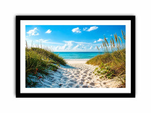 Sunny beach path to turquoise waves