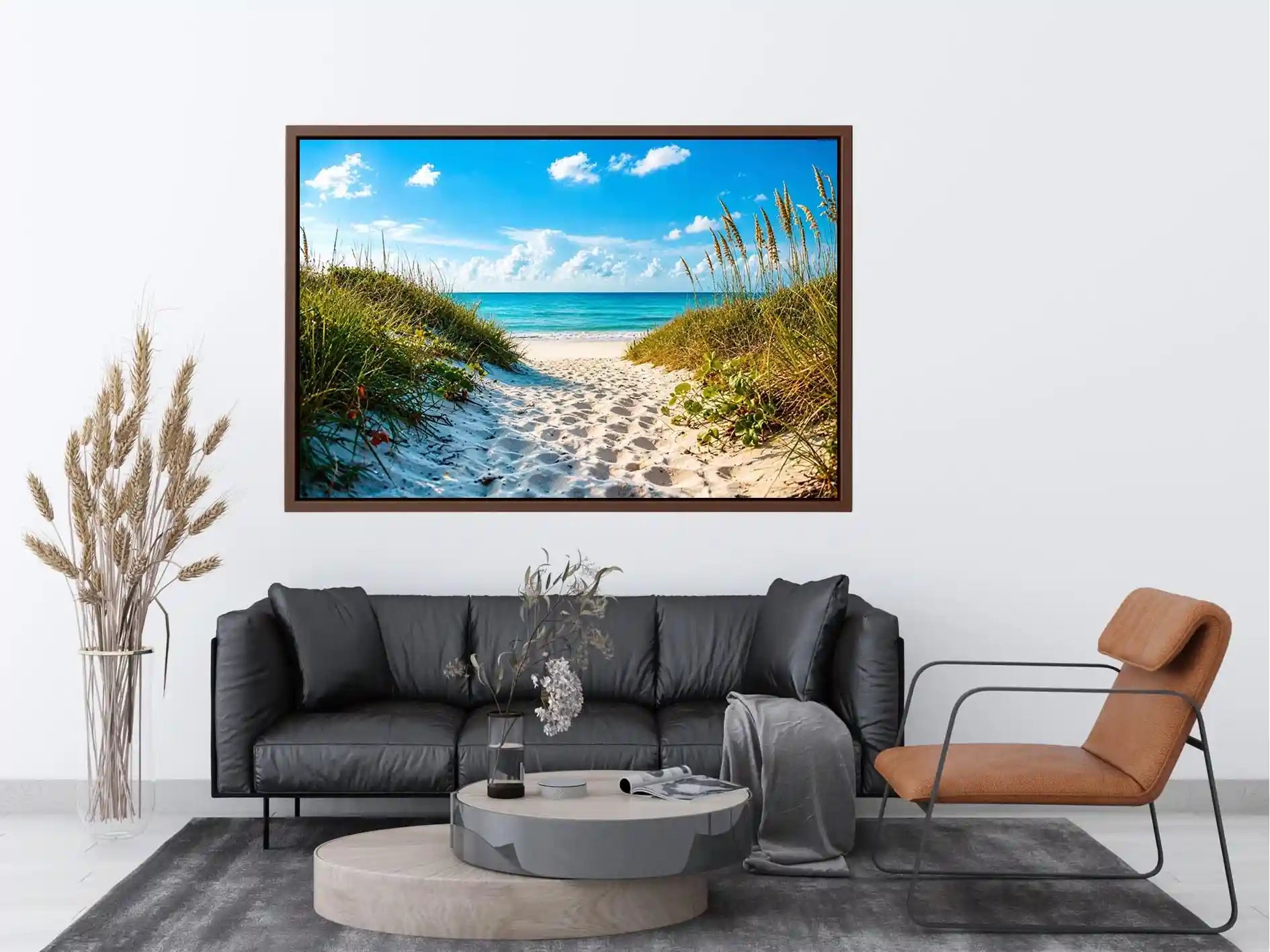 Sunny beach path to turquoise waves