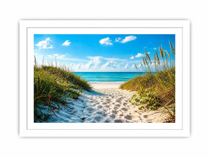 Sunny beach path to turquoise waves