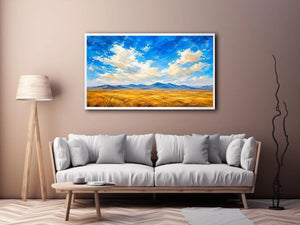 Vast golden plains beneath dramatic skies