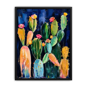 Vibrant cactus blooms on navy canvas