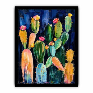 Vibrant cactus blooms on navy canvas