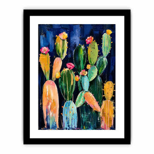 Vibrant cactus blooms on navy canvas
