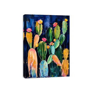Vibrant cactus blooms on navy canvas
