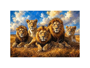 Pride of lions in golden savanna