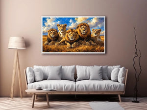 Pride of lions in golden savanna
