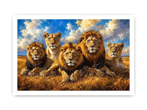 Pride of lions in golden savanna
