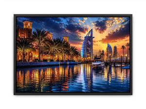 Twilight marina with modern skyline