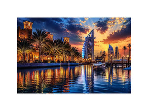 Twilight marina with modern skyline