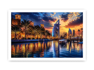 Twilight marina with modern skyline