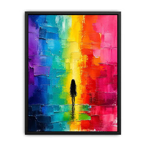Contemplative figure in glowing rainbow hues
