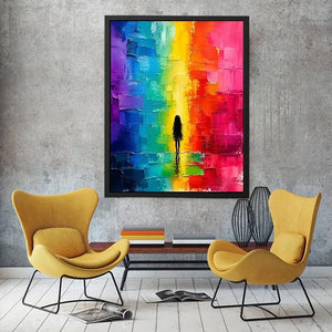 Contemplative figure in glowing rainbow hues
