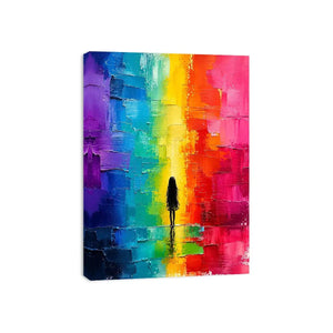 Contemplative figure in glowing rainbow hues